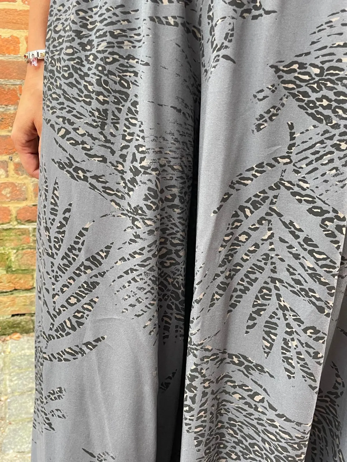 Abstract Leaf Print Palazzo Trousers Dark Charcoal Grey