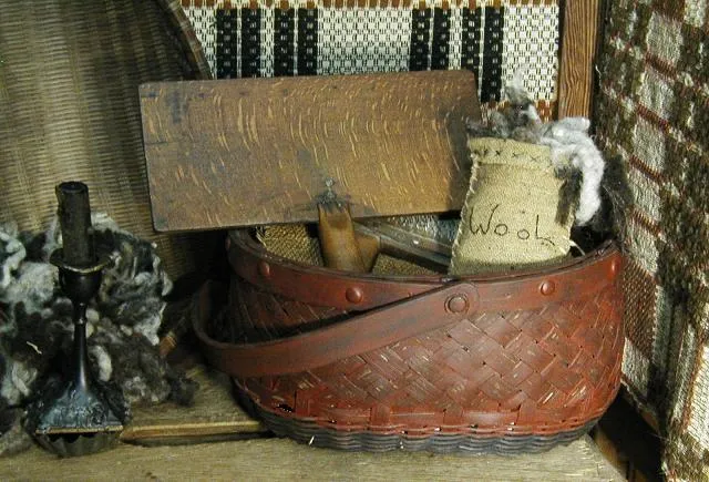 Antique Primitive Wool Carders Spinning Tool with Painted Basket and Roving Wool Bag Gathering