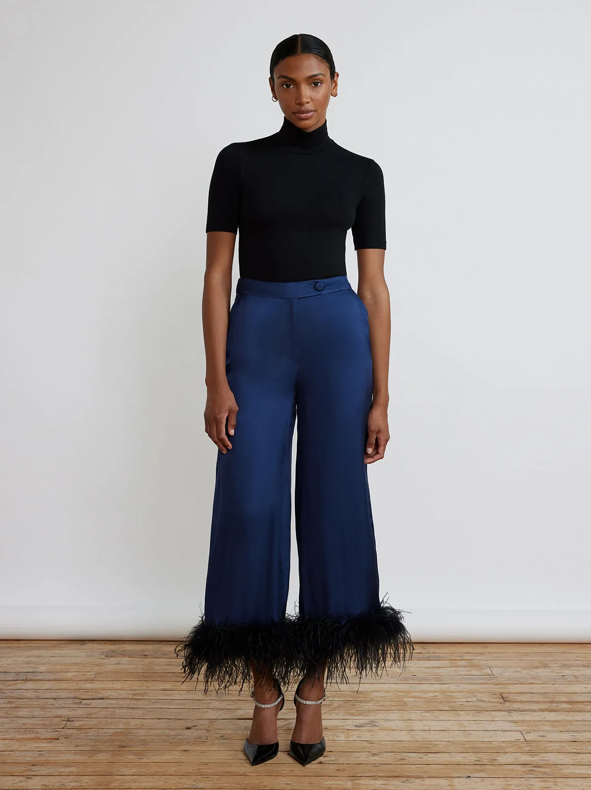 Apollo Navy Feather Satin Trousers