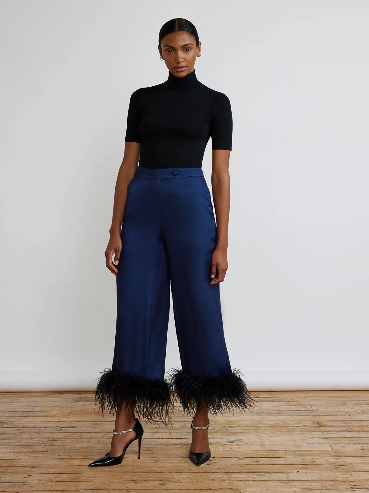 Apollo Navy Feather Satin Trousers