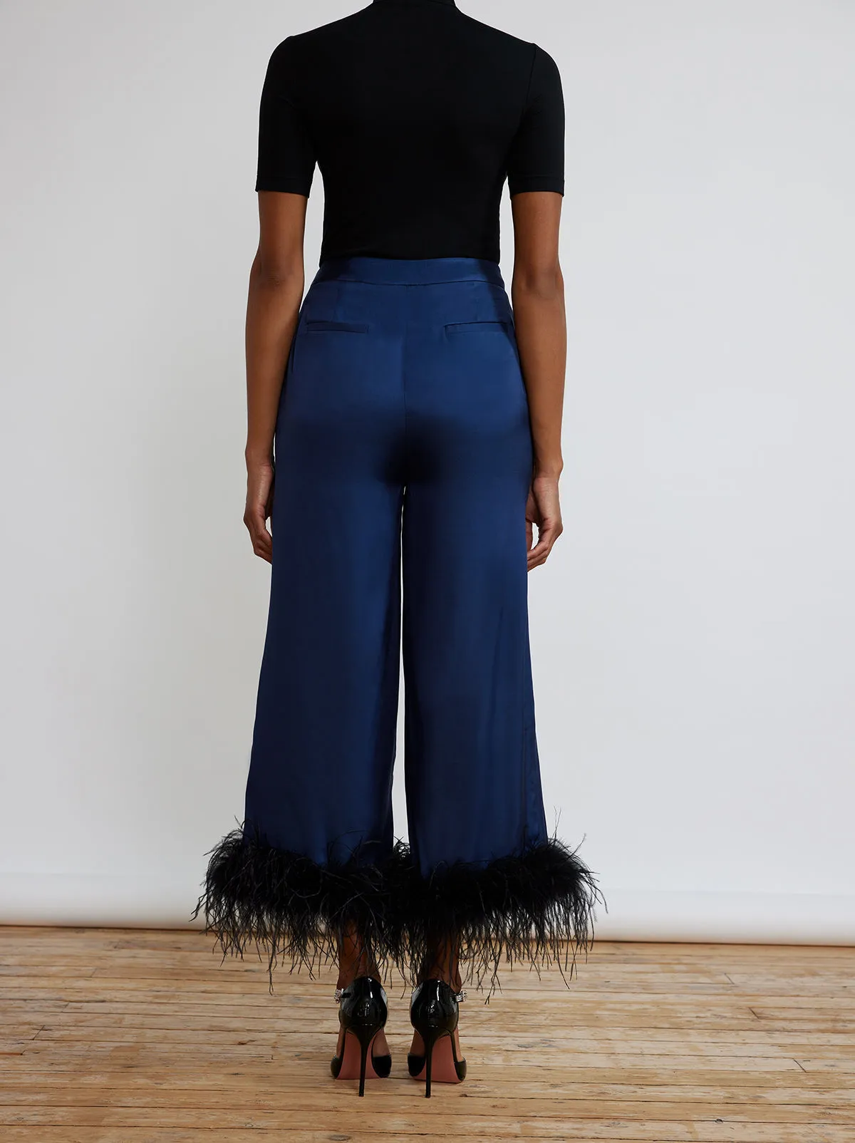 Apollo Navy Feather Satin Trousers