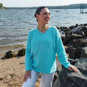 Avalin V-Neck Scramble Stitch Sweater - Turquoise