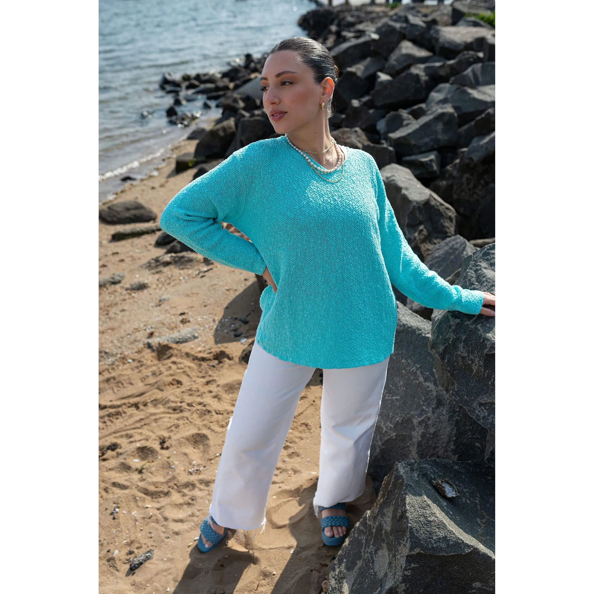 Avalin V-Neck Scramble Stitch Sweater - Turquoise