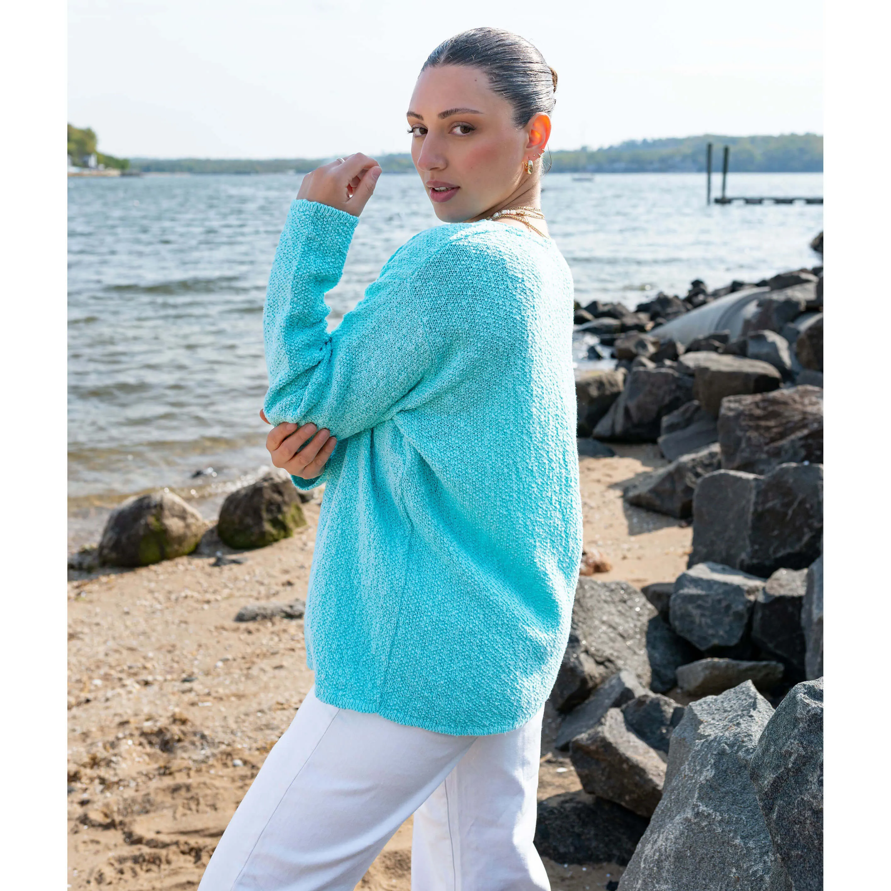 Avalin V-Neck Scramble Stitch Sweater - Turquoise