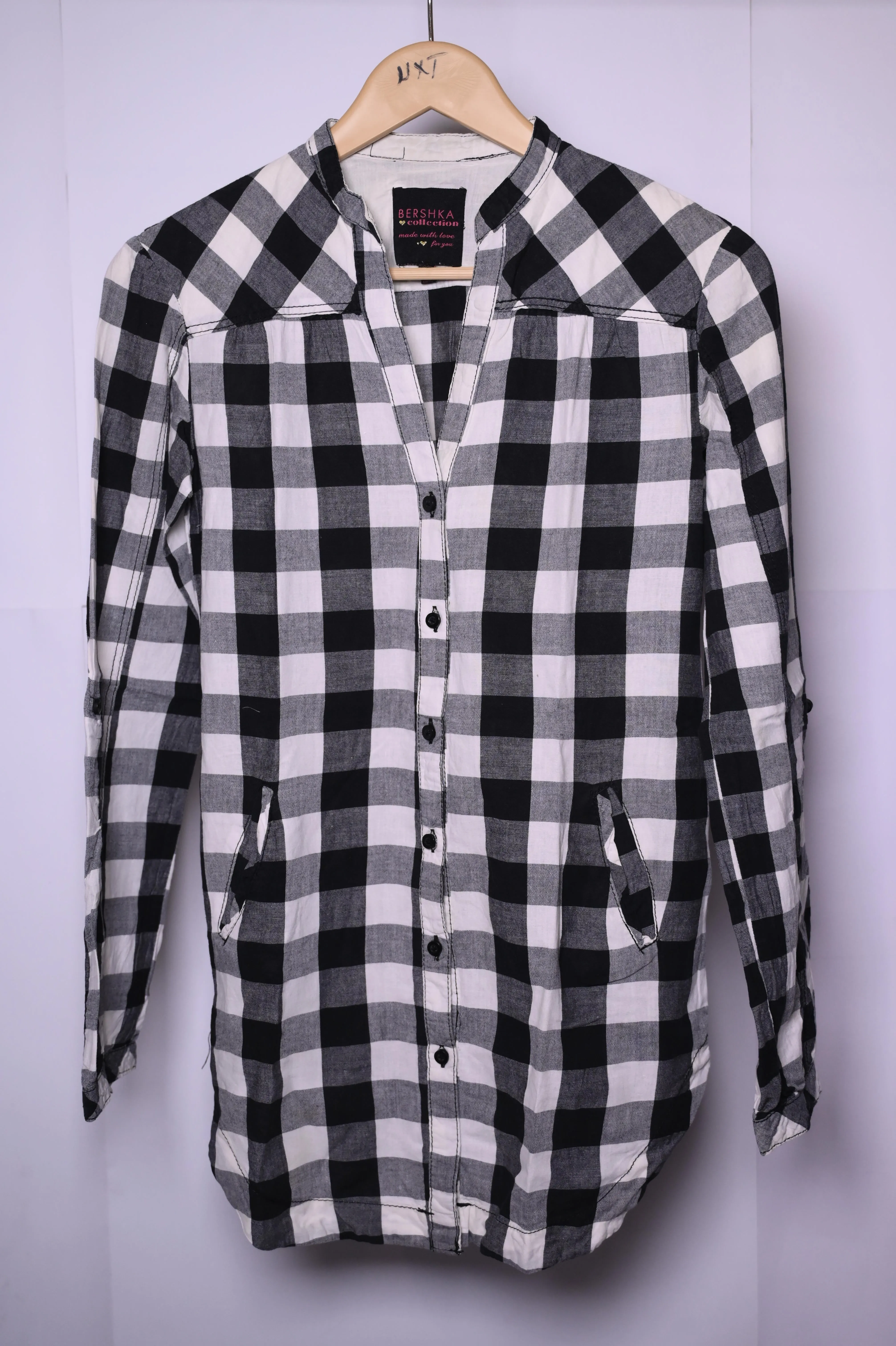 Bershka Small Black and White Check Button-Down Blouse