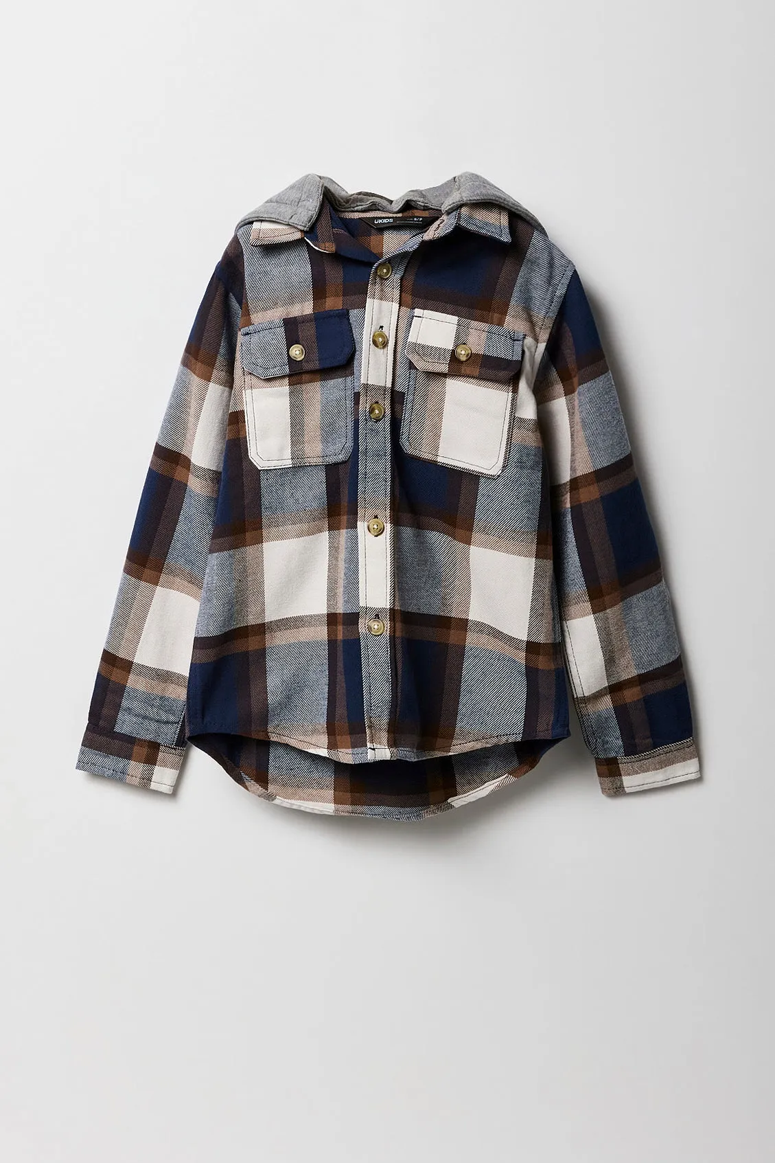 Boys Plaid Hooded Button-Up Top