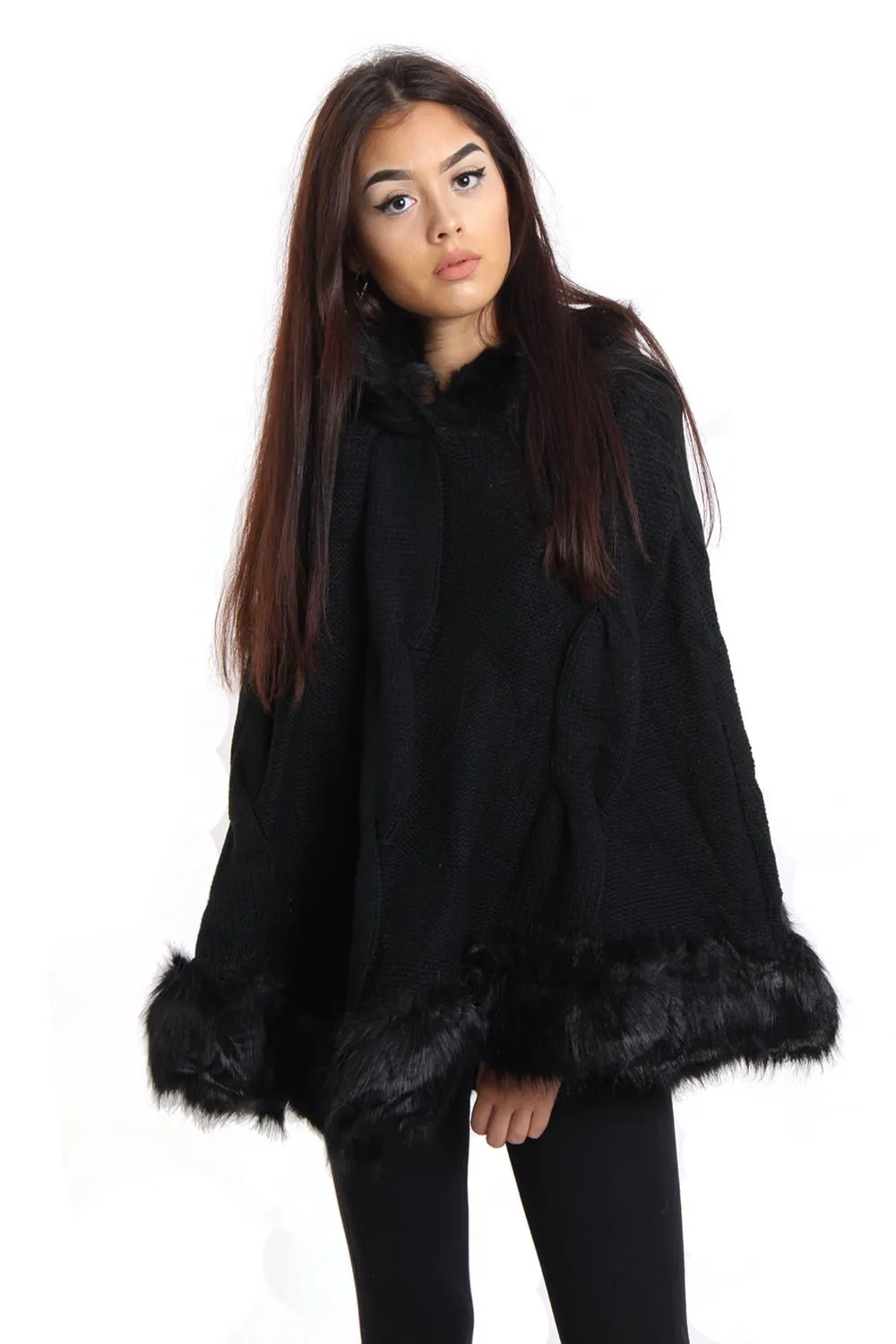 Cable Knitted Hooded Fur Trim Poncho Cape