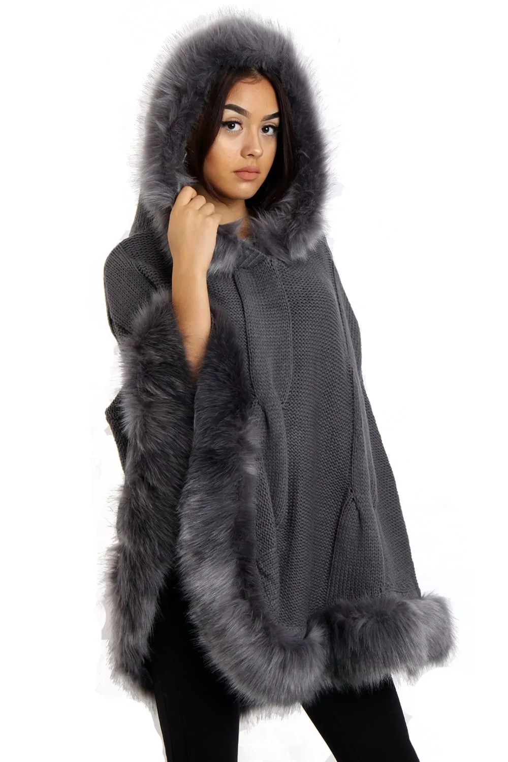 Cable Knitted Hooded Fur Trim Poncho Cape