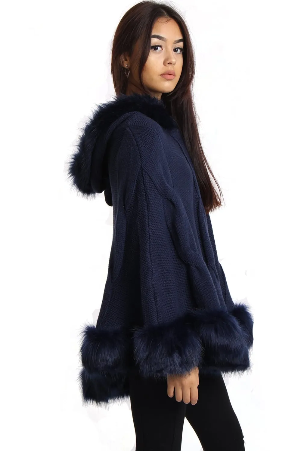 Cable Knitted Hooded Fur Trim Poncho Cape