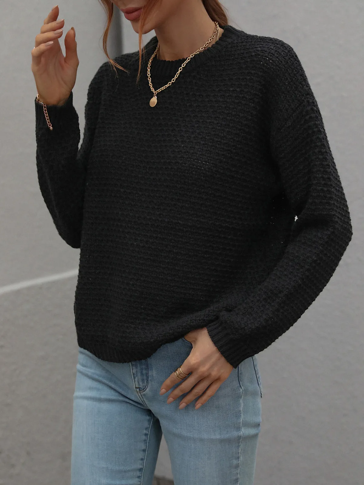 Crew Neck Long Sleeve Crocheted Sweater