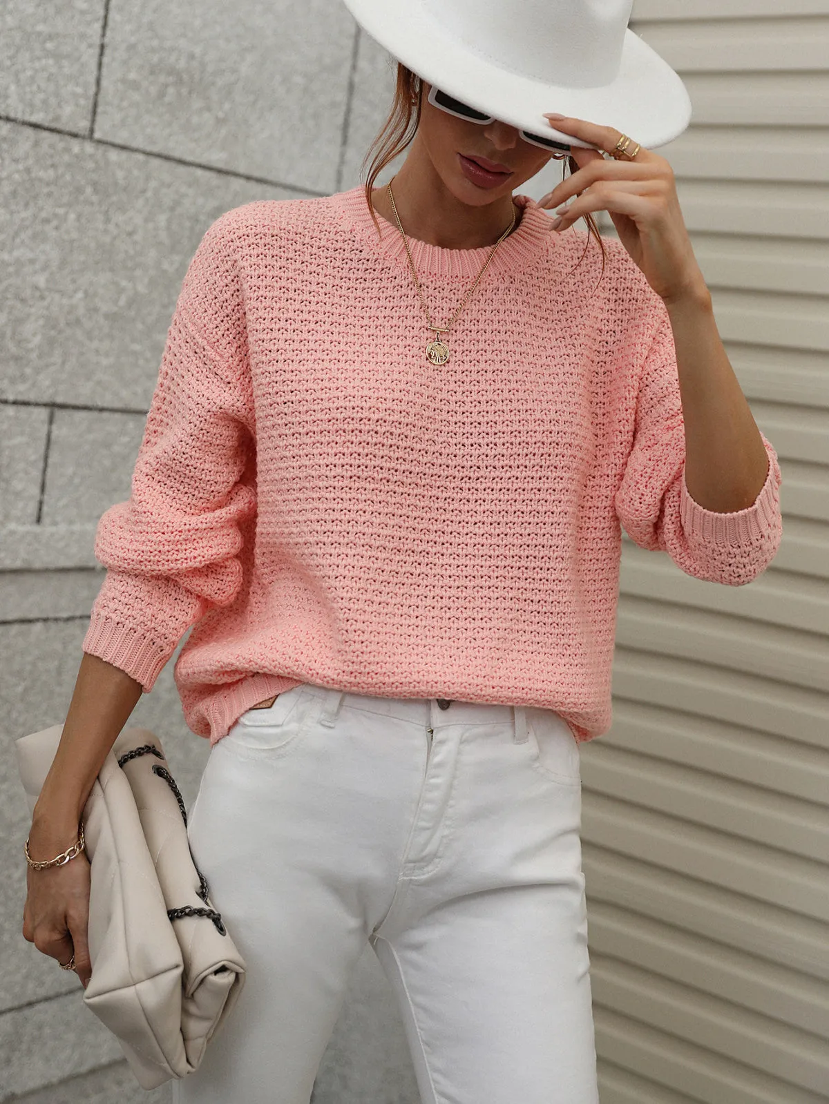 Crew Neck Long Sleeve Crocheted Sweater