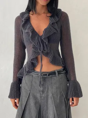 Cropped Long Sleeve Tie-up Front Knit Ruffle Sweaters Solid Blouse