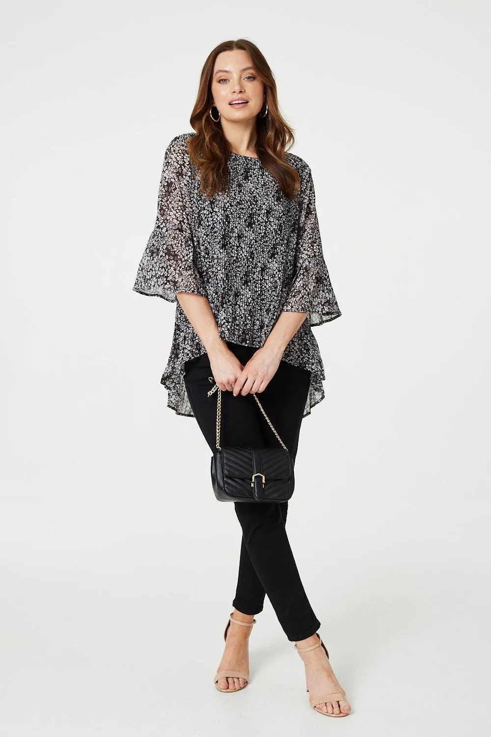 Ditsy Floral Flare Sleeve Curve Hem Blouse