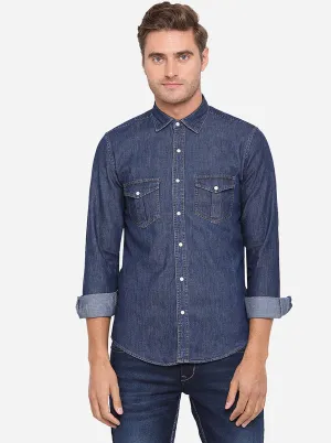 Ebony Blue Solid Slim Fit Casual Shirt | Greenfibre