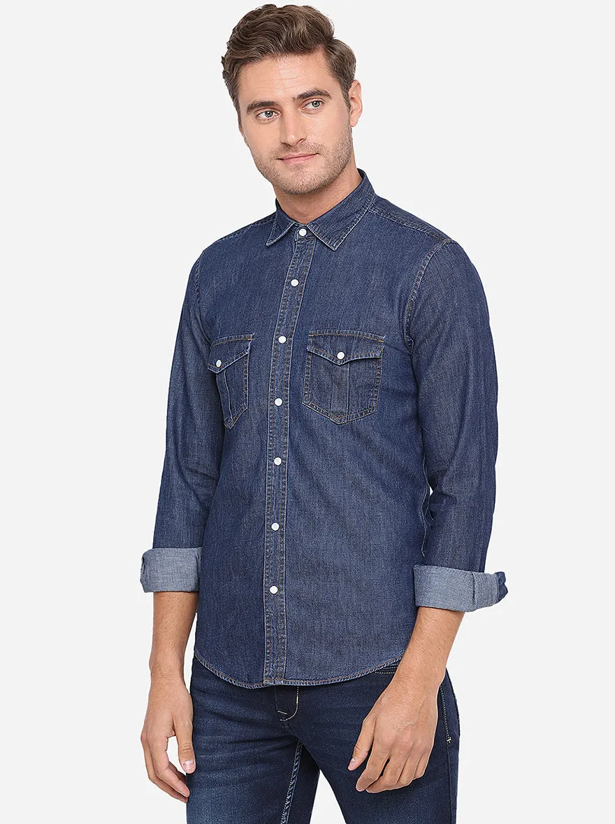 Ebony Blue Solid Slim Fit Casual Shirt | Greenfibre