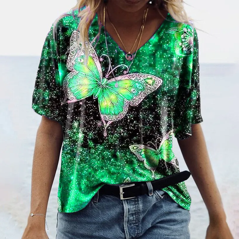 Fashionable five-point sleeve butterfly print top