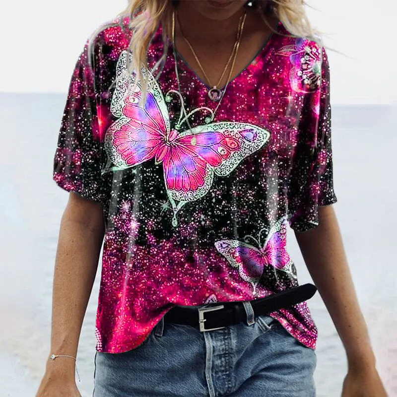 Fashionable five-point sleeve butterfly print top