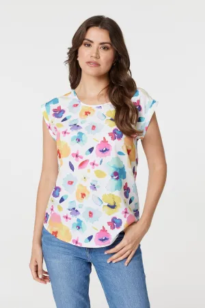 Floral Print Turn-Up Cap Sleeve Shell Top