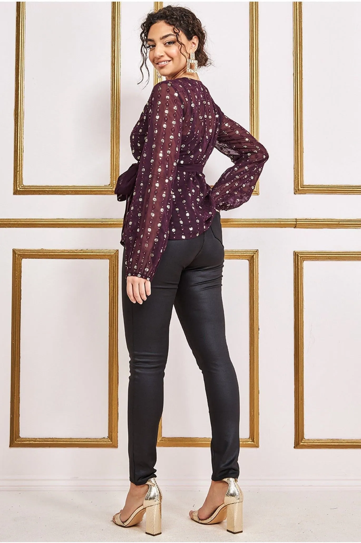 Goddiva Wrap Sequin Top With Cami - Wine