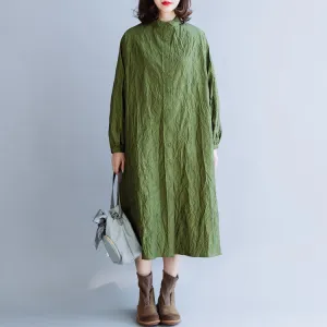 Green Pleated Cotton Loose Dress For Women