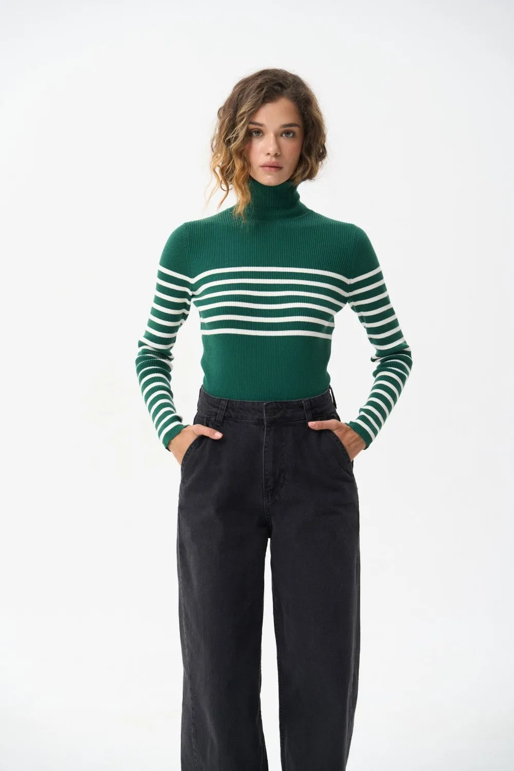 Green turtleneck sweater with a milky stripe