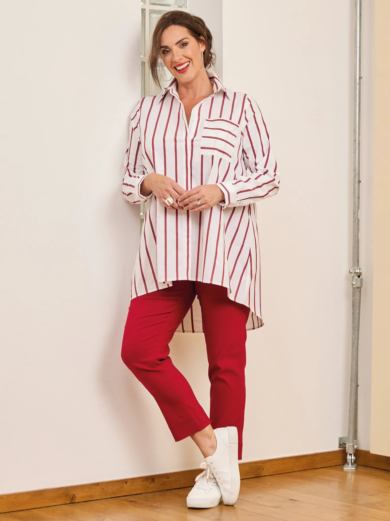 Harriet Cotton Stripe Shirt - White/Cherry