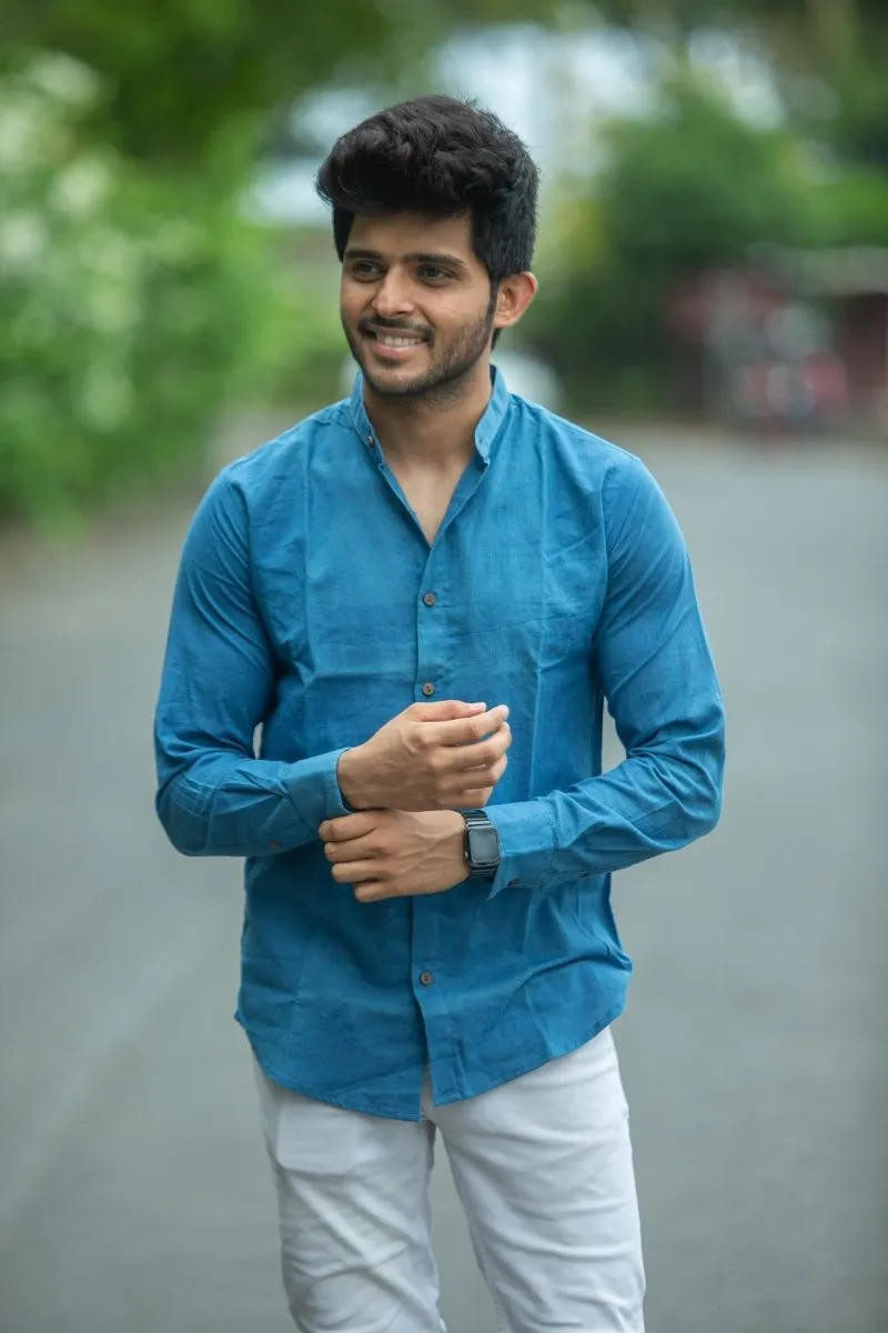 Indigo Mandarin Collar Khadi Shirt