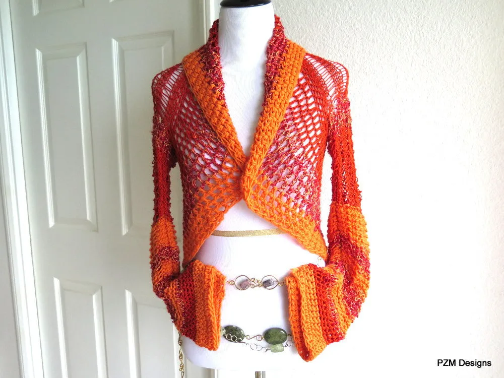 Lacy Orange and Red Shrug, Peplum Sweater Shrug