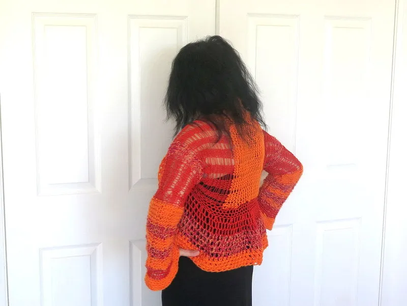 Lacy Orange and Red Shrug, Peplum Sweater Shrug