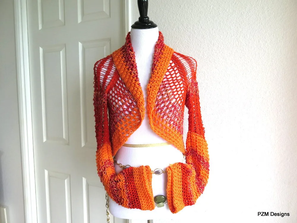 Lacy Orange and Red Shrug, Peplum Sweater Shrug