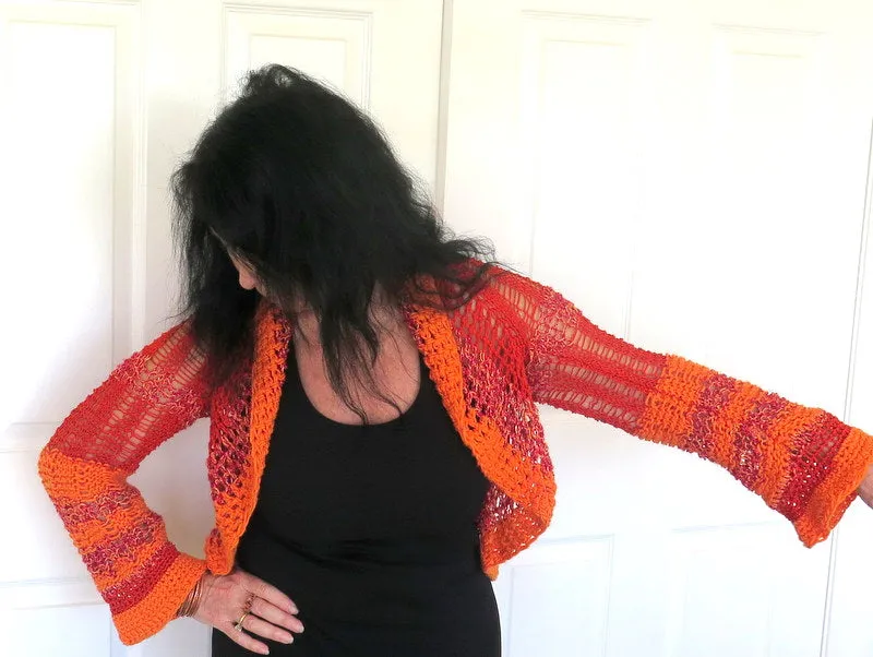 Lacy Orange and Red Shrug, Peplum Sweater Shrug