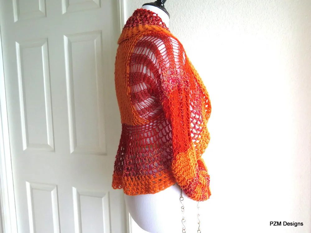 Lacy Orange and Red Shrug, Peplum Sweater Shrug