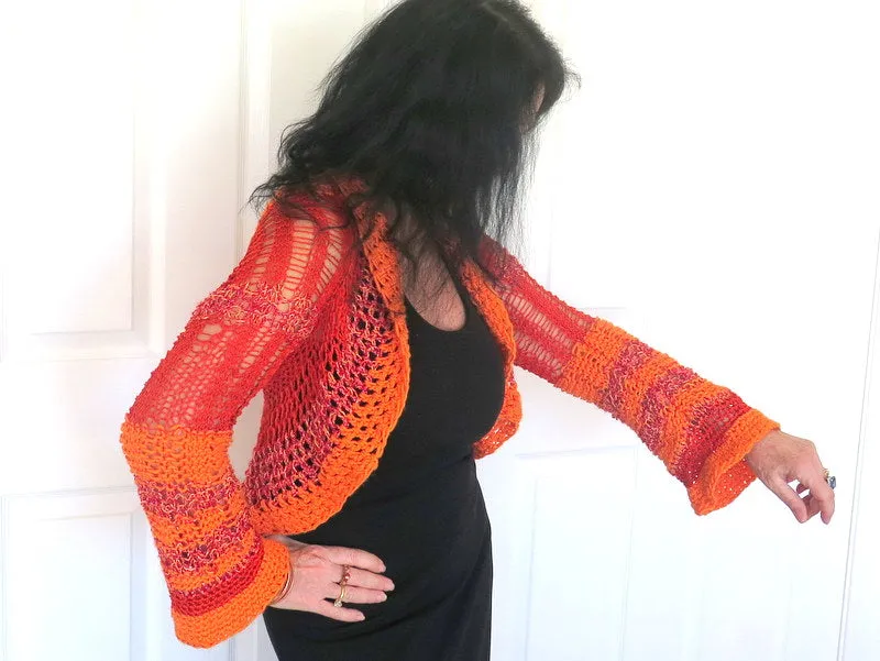 Lacy Orange and Red Shrug, Peplum Sweater Shrug