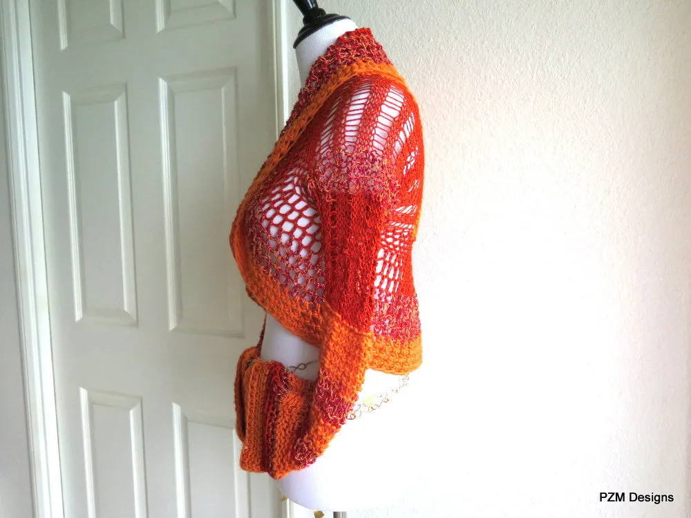 Lacy Orange and Red Shrug, Peplum Sweater Shrug