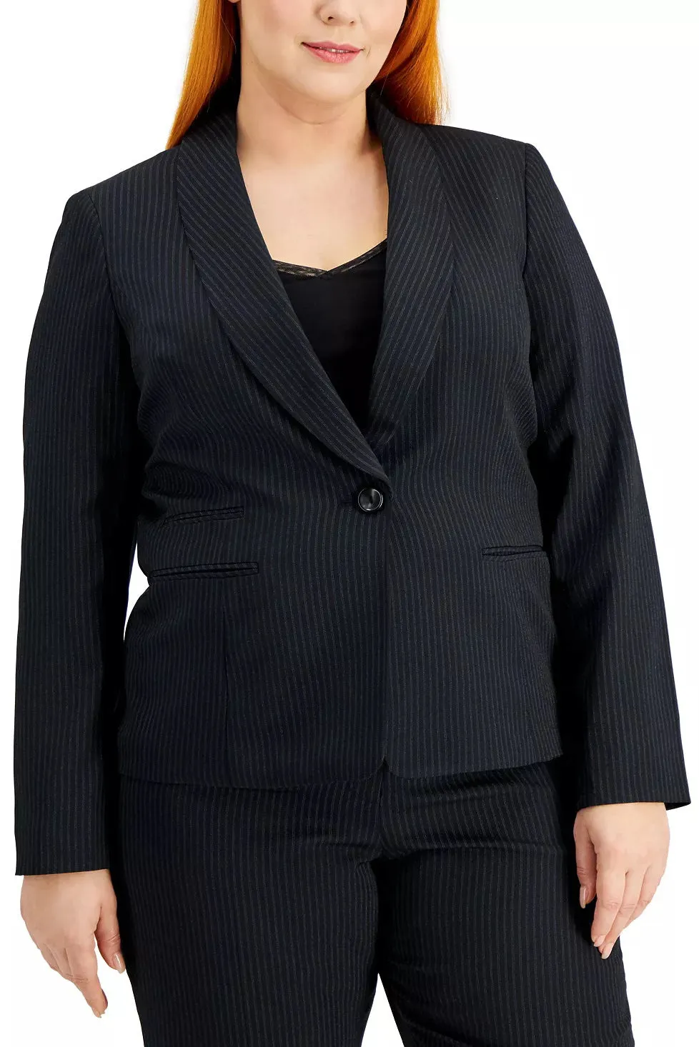 Le Suit Lapel Collar One Button Long Sleeve Jacket With Mid Waist Zipper Hook & Bar Zipper Closure Crepe Pant (Plus Size)