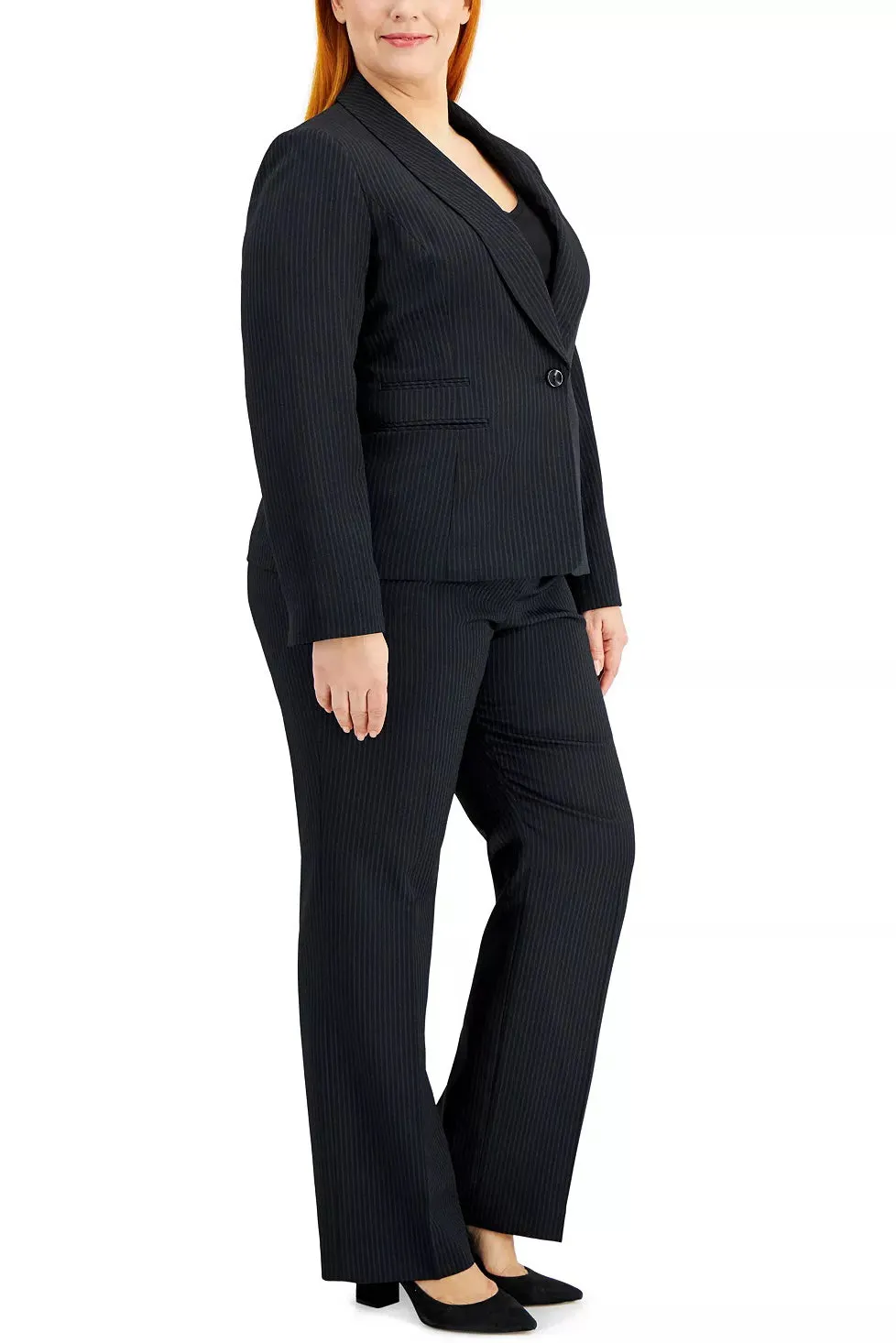 Le Suit Lapel Collar One Button Long Sleeve Jacket With Mid Waist Zipper Hook & Bar Zipper Closure Crepe Pant (Plus Size)