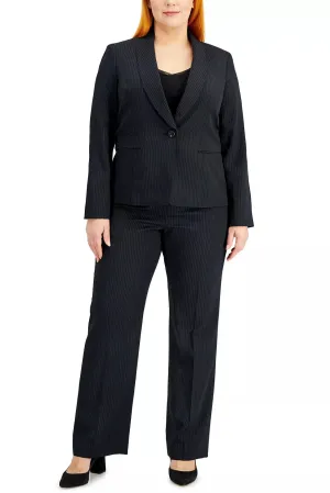 Le Suit Lapel Collar One Button Long Sleeve Jacket With Mid Waist Zipper Hook & Bar Zipper Closure Crepe Pant (Plus Size)