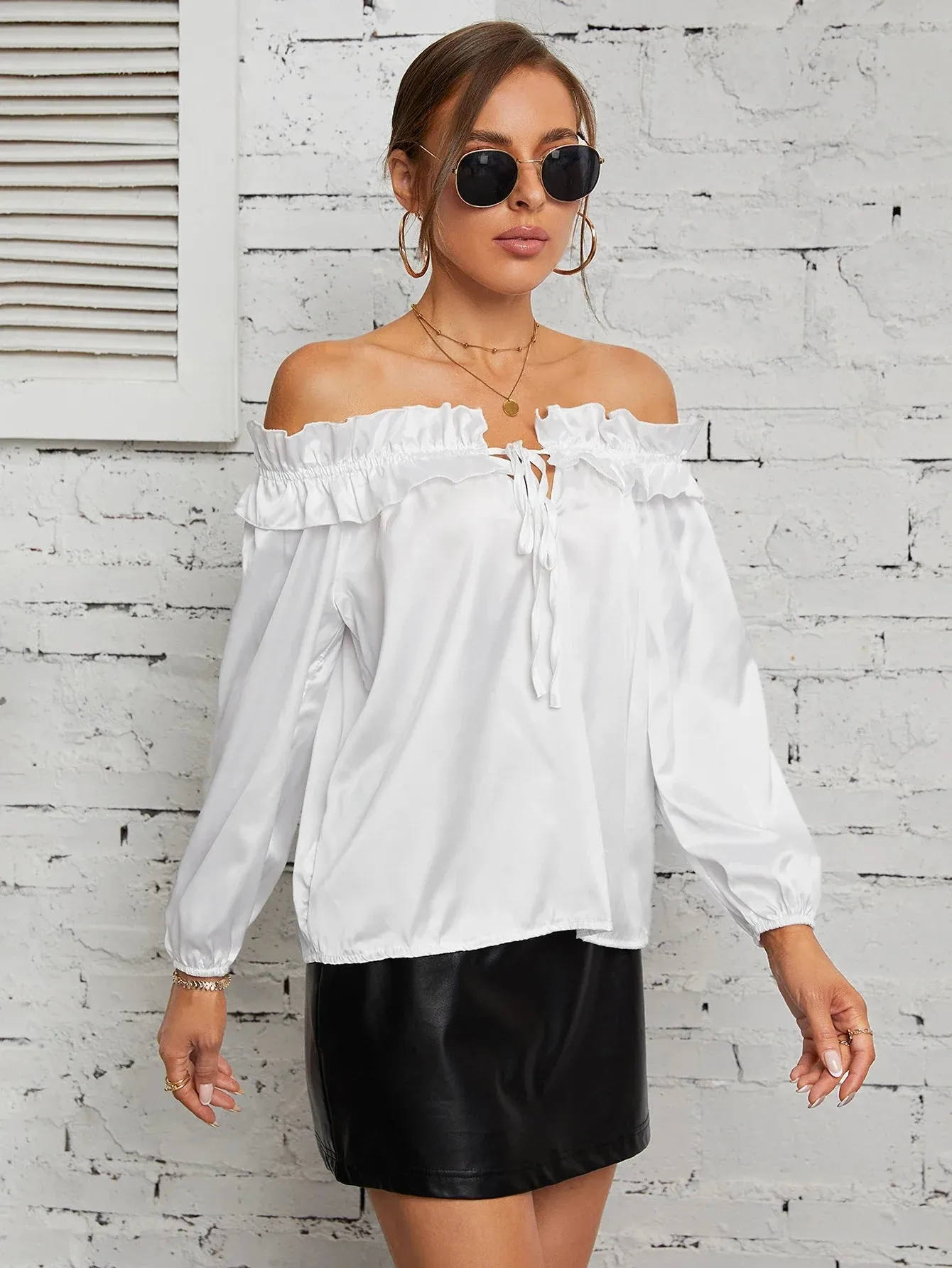 Long Slash Fashionable Shoulder Ladies New Sexy Color Neck Tops Off Solid Sleeve Summer Top