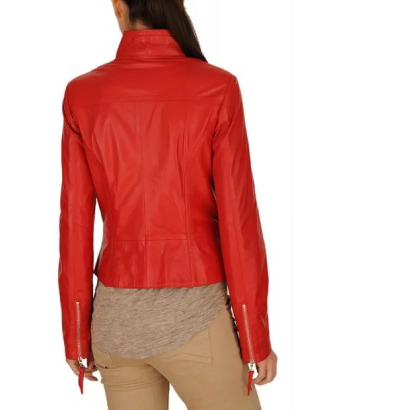 Motocycle Red Ladies Leather Jacket