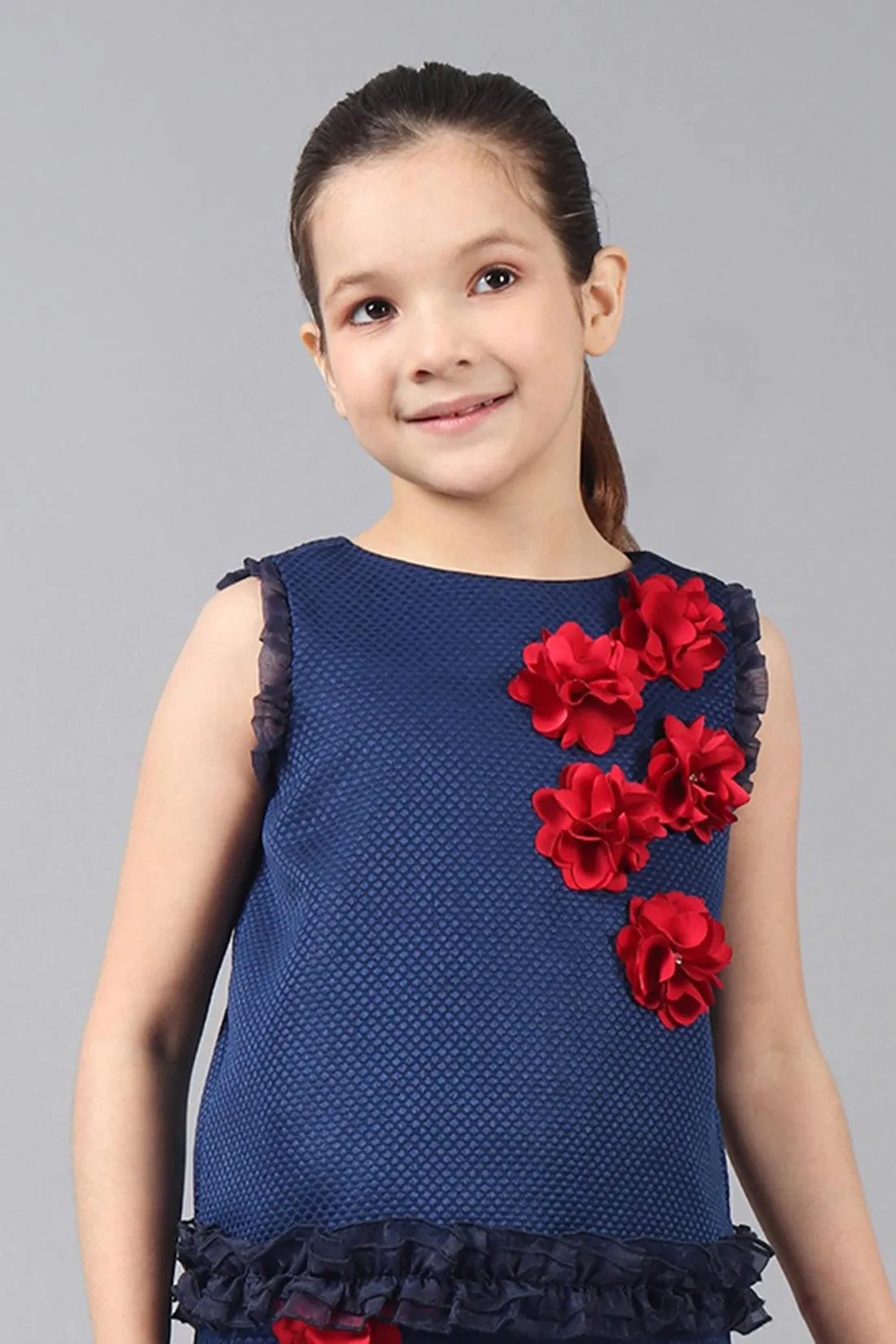 One Friday Kids Girls Navy Blue Round Neck Top With 3D Flowers and Frill Detail