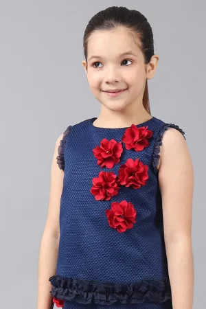 One Friday Kids Girls Navy Blue Round Neck Top With 3D Flowers and Frill Detail