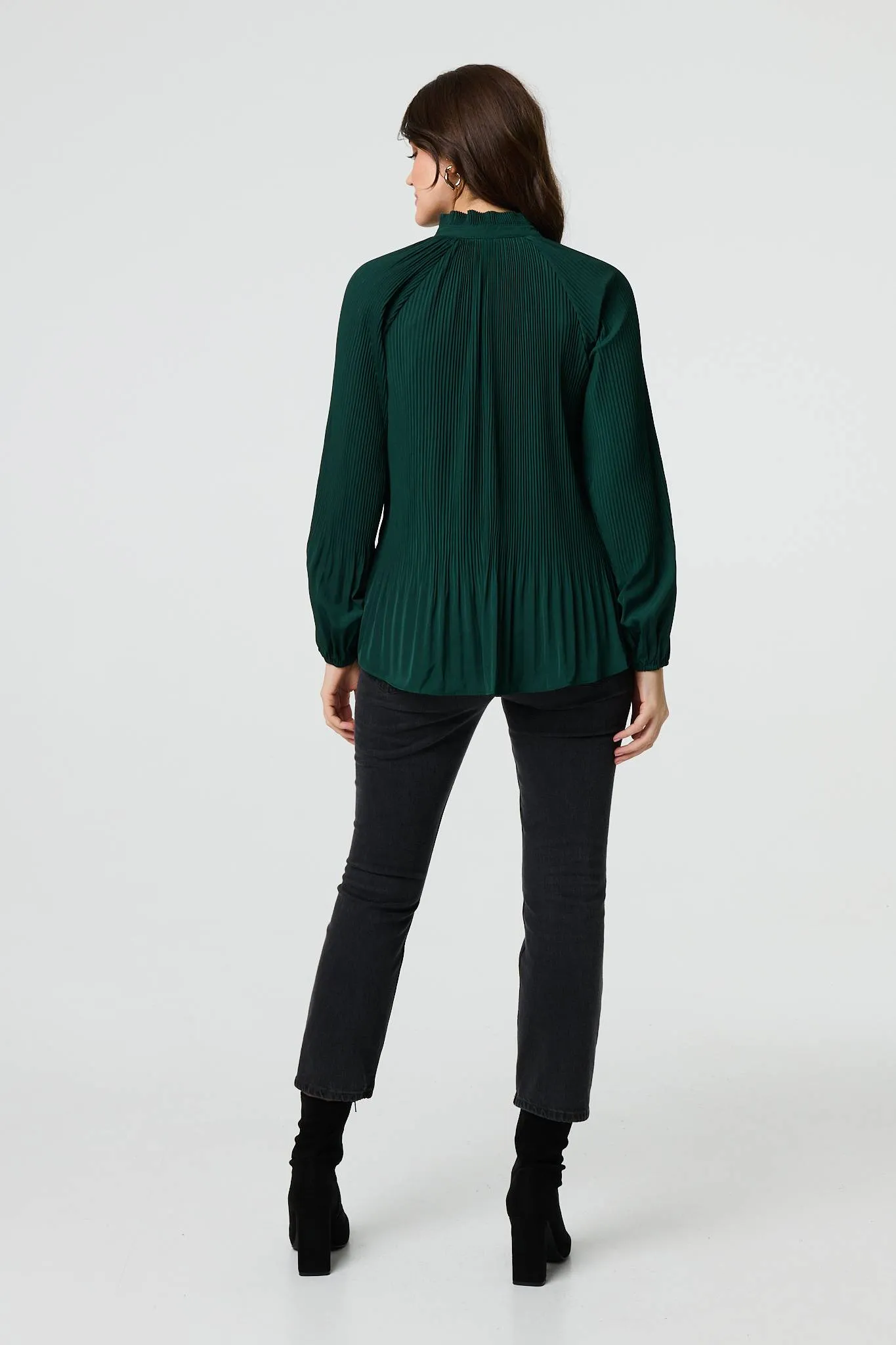 Pleated Tie Neck Long Sleeve Blouse