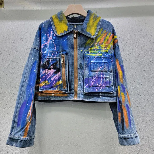 Pre Order:  Hand Drawn Graffiti Denim Loose Short Jacket