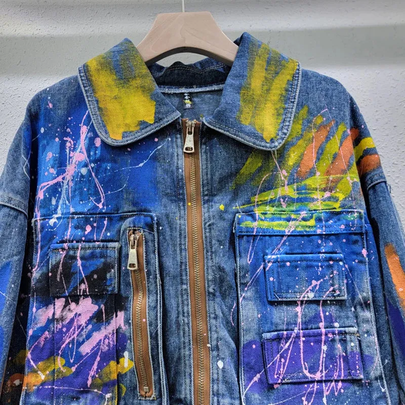 Pre Order:  Hand Drawn Graffiti Denim Loose Short Jacket