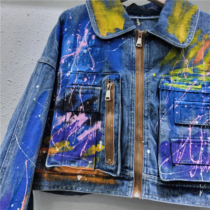 Pre Order:  Hand Drawn Graffiti Denim Loose Short Jacket