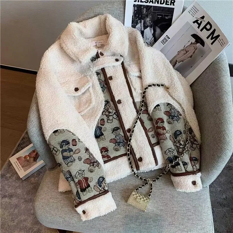 Purpdrank - Winter Women Lamb Wool Coats Japanese Kawaii Harajuku Style Thickened Bear Printing Casual Oversized Female Coats