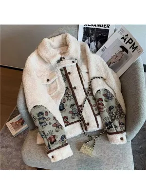 Purpdrank - Winter Women Lamb Wool Coats Japanese Kawaii Harajuku Style Thickened Bear Printing Casual Oversized Female Coats