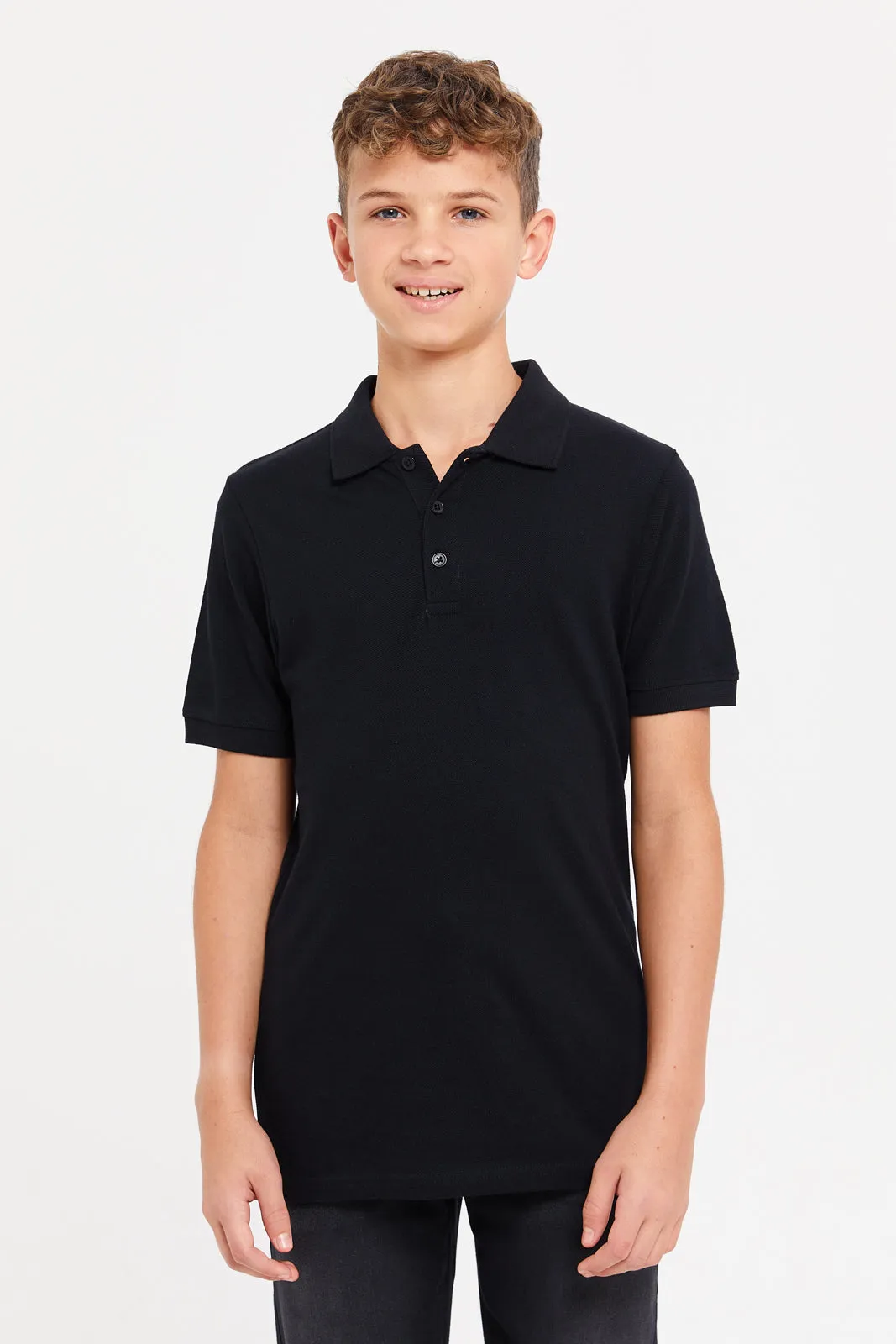 Senior Boys Black And White Plain Polo Shirts Set (Pack Of 2)