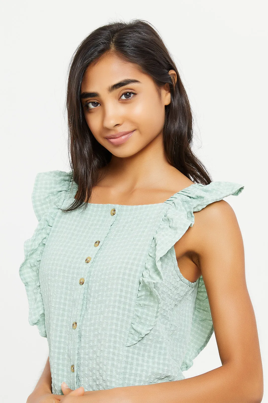 Senior Girls Mint Checkered Dobby Top