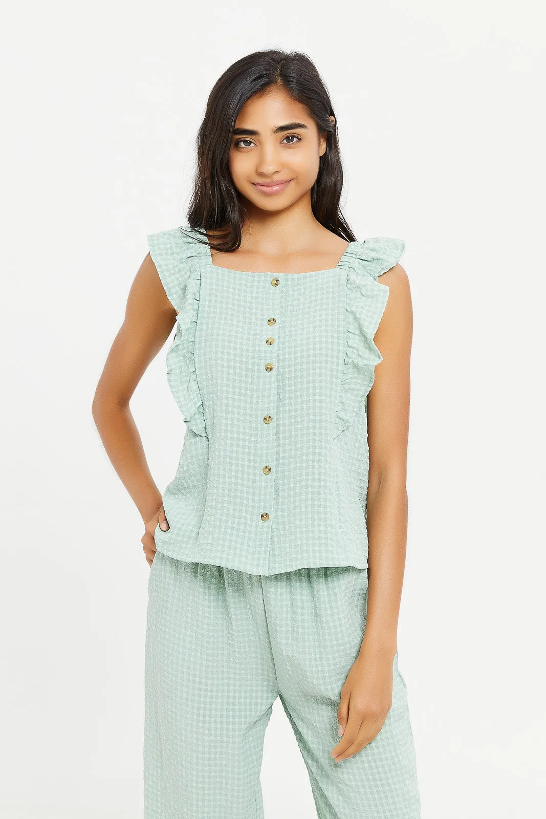 Senior Girls Mint Checkered Dobby Top